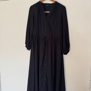 Uniqlo Long Sleeve Maxi Dress Black Pola Dot Size S Button Down